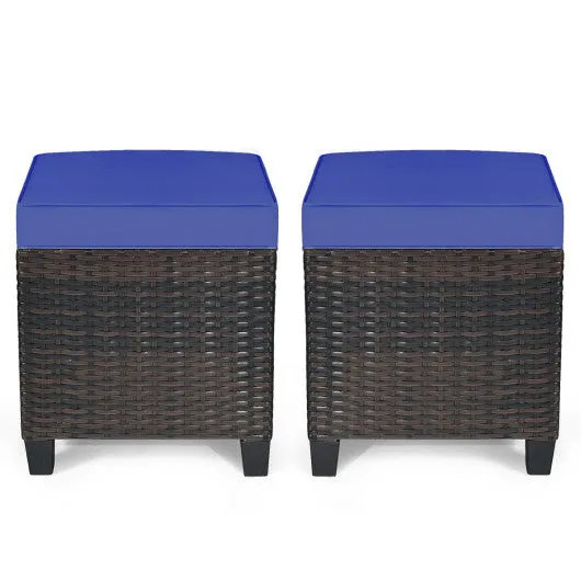 2 Pieces Patio Rattan Ottoman Set with Removable Cushions-Navy