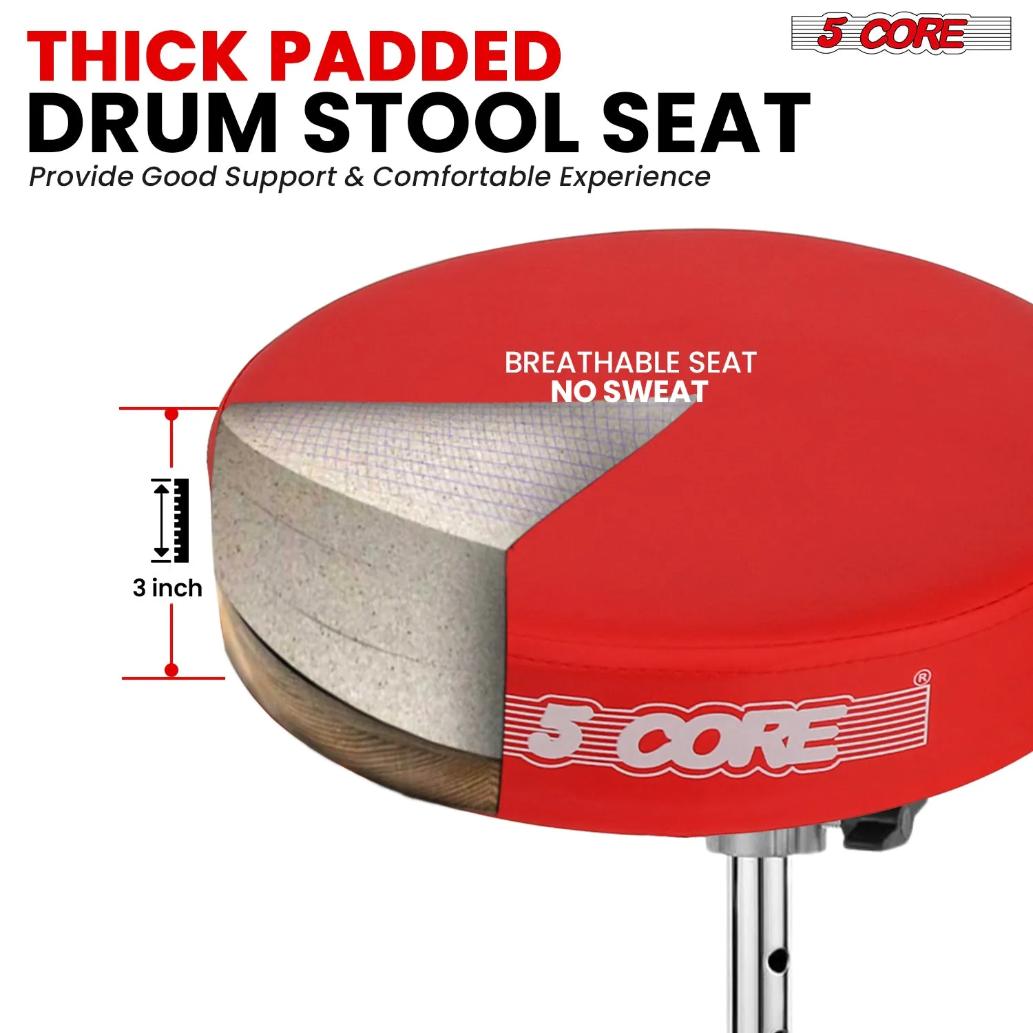 5Core Drum Throne Padded Guitar Stool Adjustable Drummer Seat for Adults & Kids RED