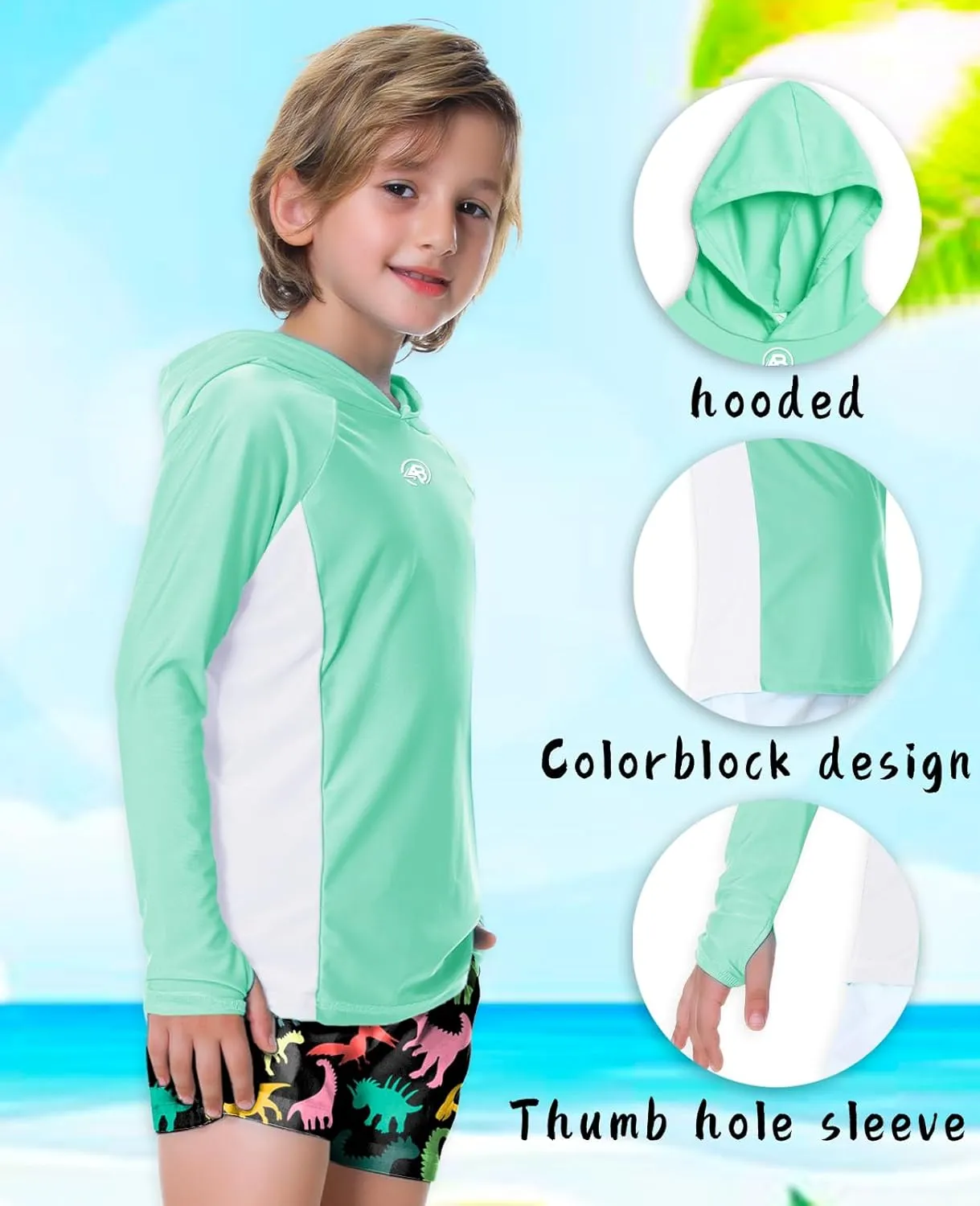 AOBUTE Unisex Kids Long Sleeve Hoodie Rash Guard Boys UPF 50  Swim Top with Thumb Hole 3-12 Years