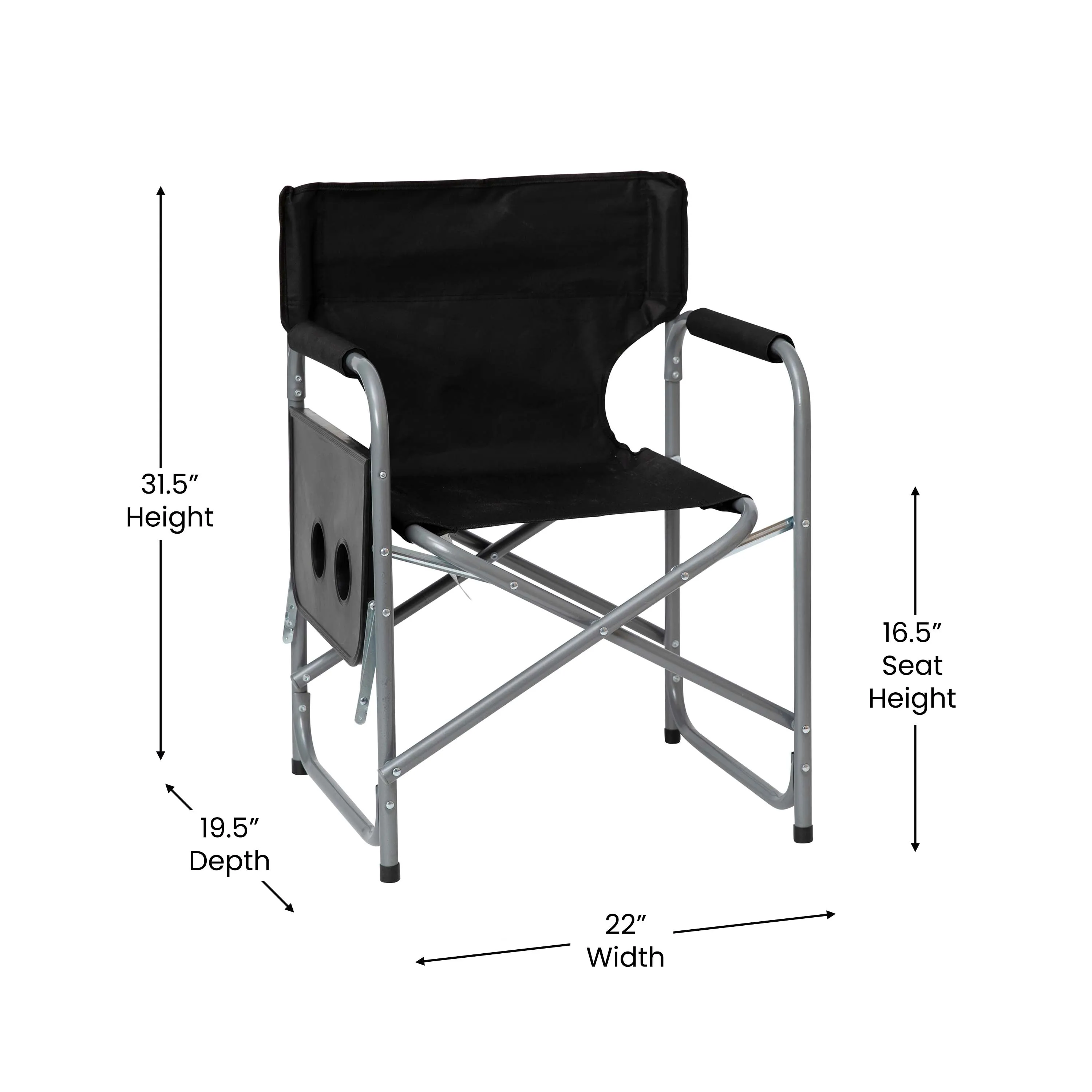 Benjamin Folding Black Director's Camping Chair with Side Table and Cup Holder - Portable Indoor/Outdoor Steel Framed Sports Chair