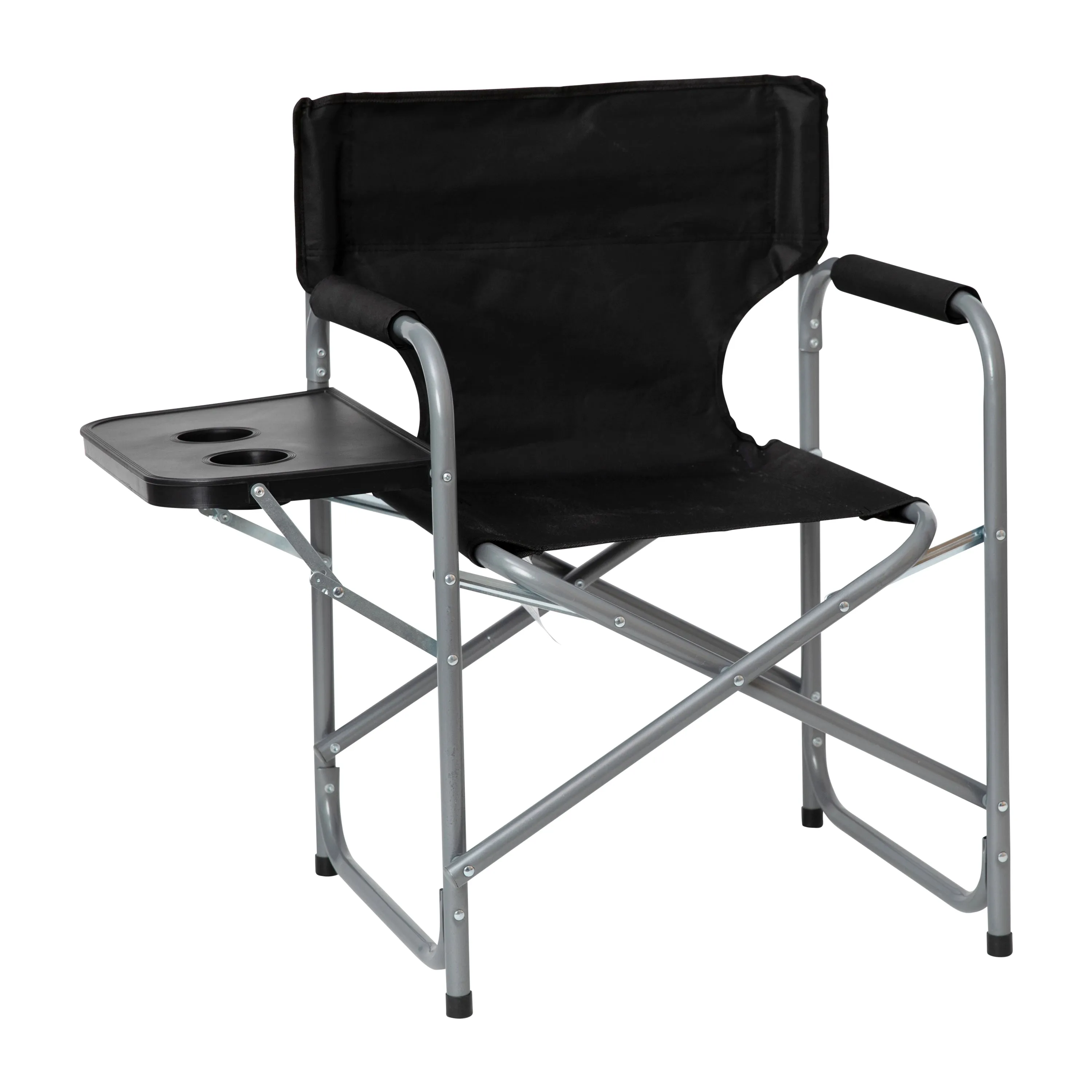 Benjamin Folding Black Director's Camping Chair with Side Table and Cup Holder - Portable Indoor/Outdoor Steel Framed Sports Chair