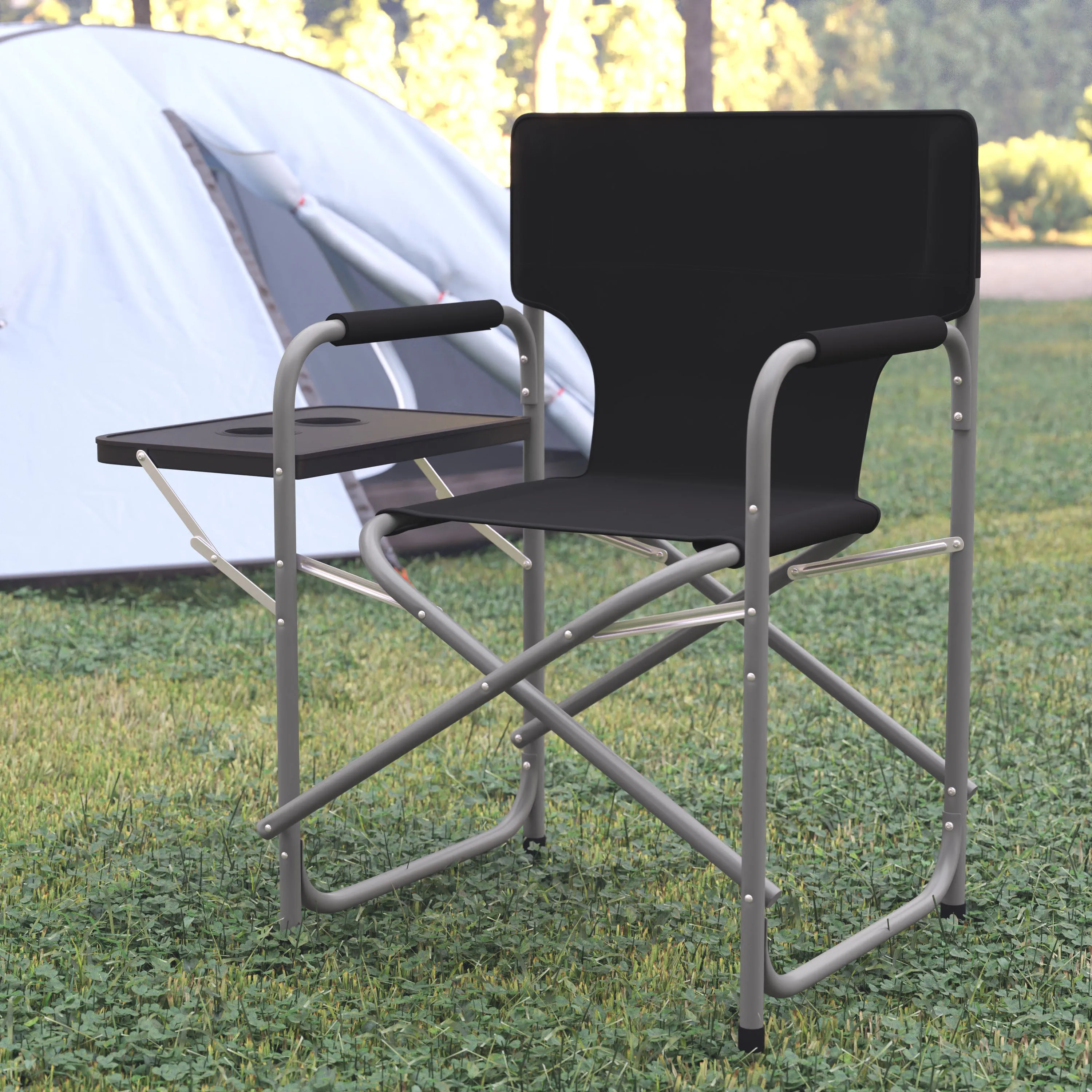 Benjamin Folding Black Director's Camping Chair with Side Table and Cup Holder - Portable Indoor/Outdoor Steel Framed Sports Chair