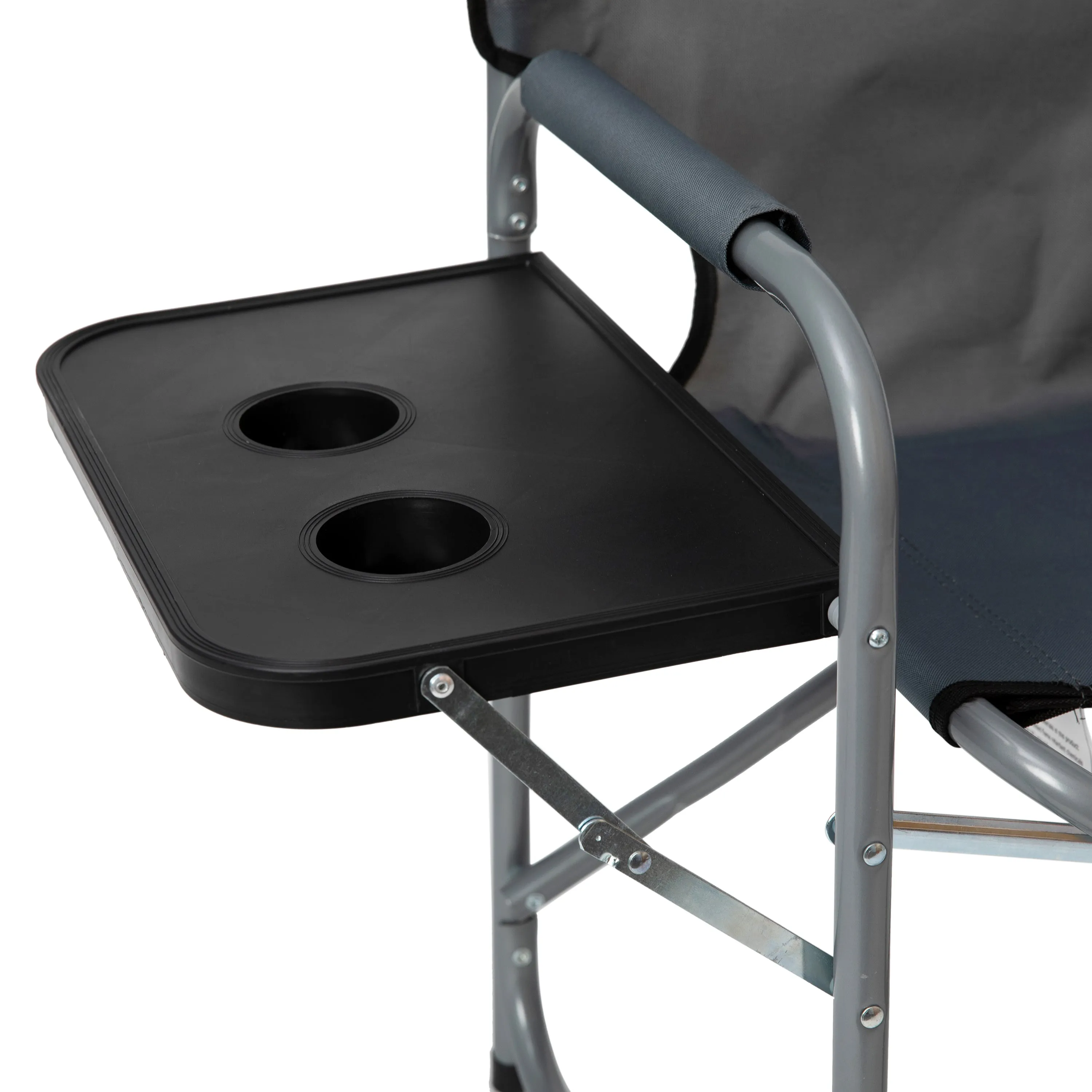 Benjamin Folding Gray Director's Camping Chair with Side Table and Cup Holder - Portable Indoor/Outdoor Steel Framed Sports Chair