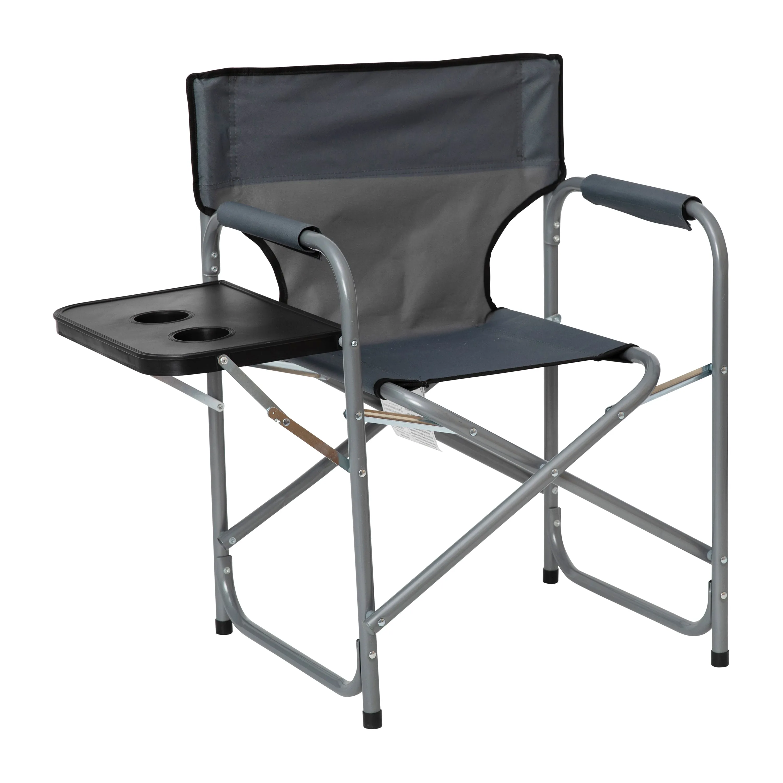 Benjamin Folding Gray Director's Camping Chair with Side Table and Cup Holder - Portable Indoor/Outdoor Steel Framed Sports Chair