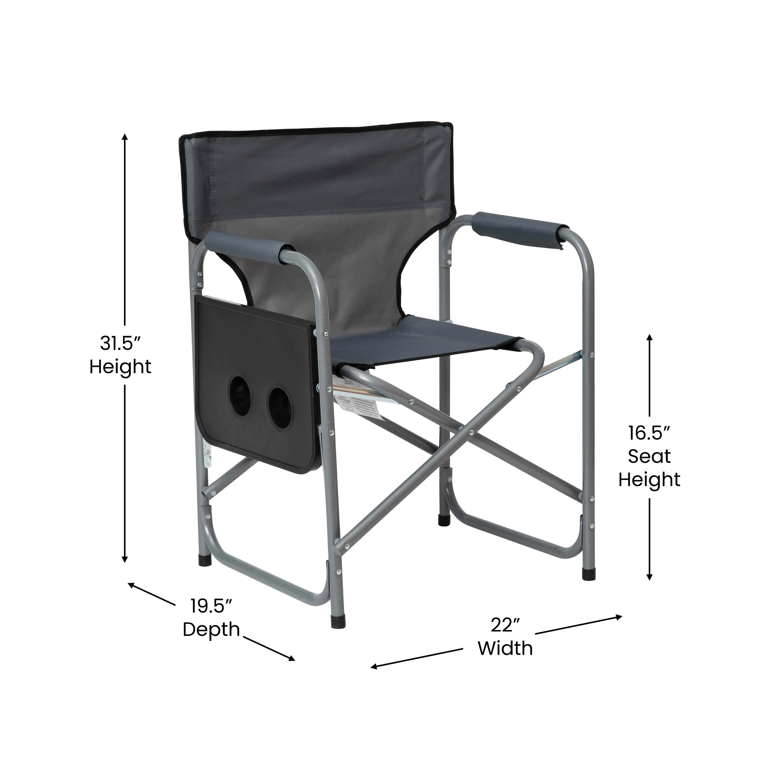 Benjamin Folding Gray Director's Camping Chair with Side Table and Cup Holder - Portable Indoor/Outdoor Steel Framed Sports Chair