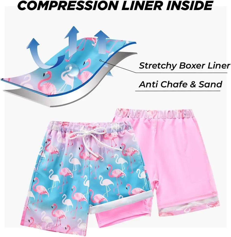Boys Swim Trunk with Compression Boxer Brief Double Layer Beach Surf Board Shorts Kids Quick Dry Anti Chafe Swimwear