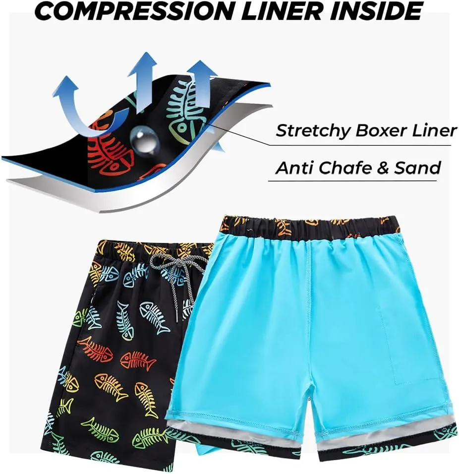 Boys Swim Trunk with Compression Boxer Brief Double Layer Beach Surf Board Shorts Kids Quick Dry Anti Chafe Swimwear