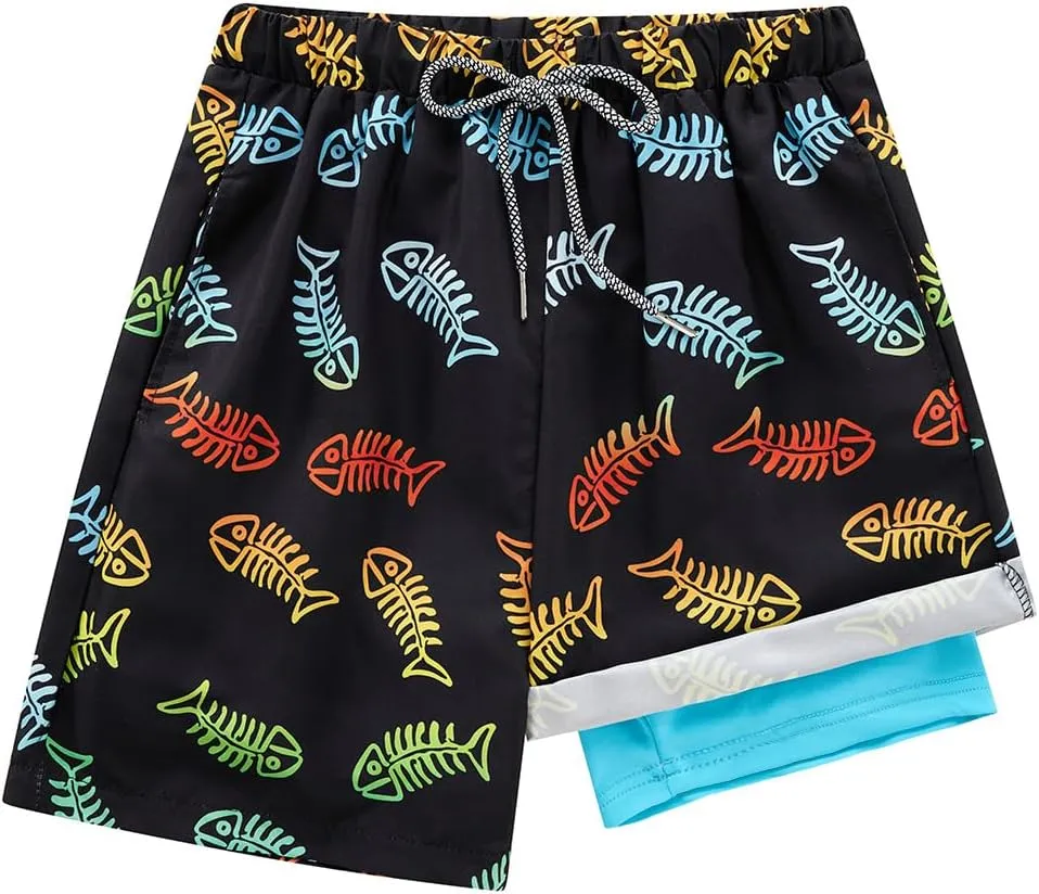 Boys Swim Trunk with Compression Boxer Brief Double Layer Beach Surf Board Shorts Kids Quick Dry Anti Chafe Swimwear