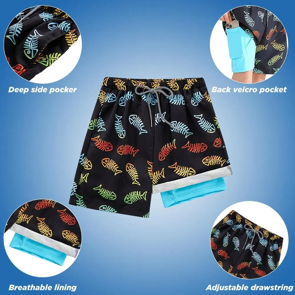 Boys Swim Trunk with Compression Boxer Brief Double Layer Beach Surf Board Shorts Kids Quick Dry Anti Chafe Swimwear