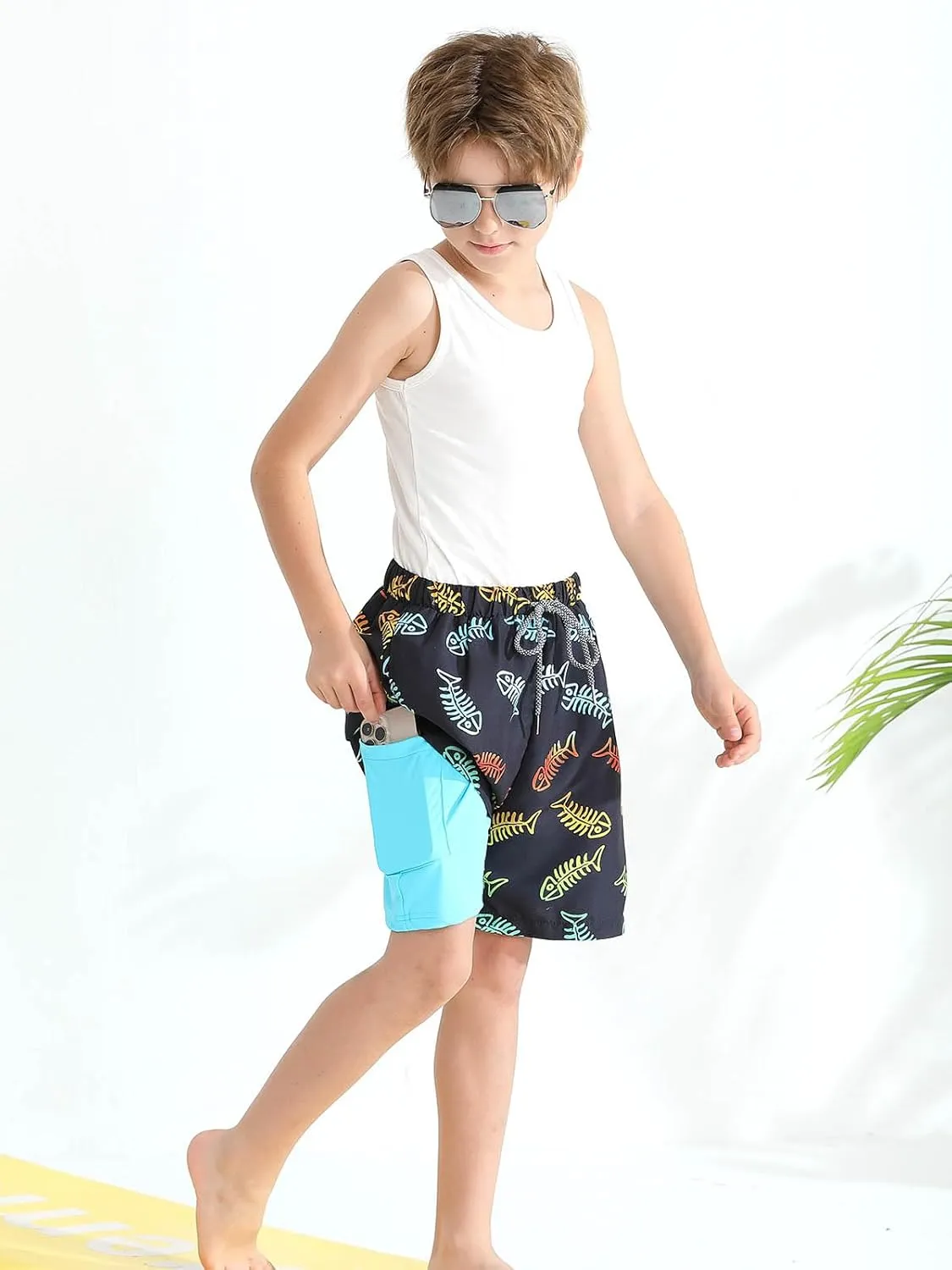 Boys Swim Trunk with Compression Boxer Brief Double Layer Beach Surf Board Shorts Kids Quick Dry Anti Chafe Swimwear