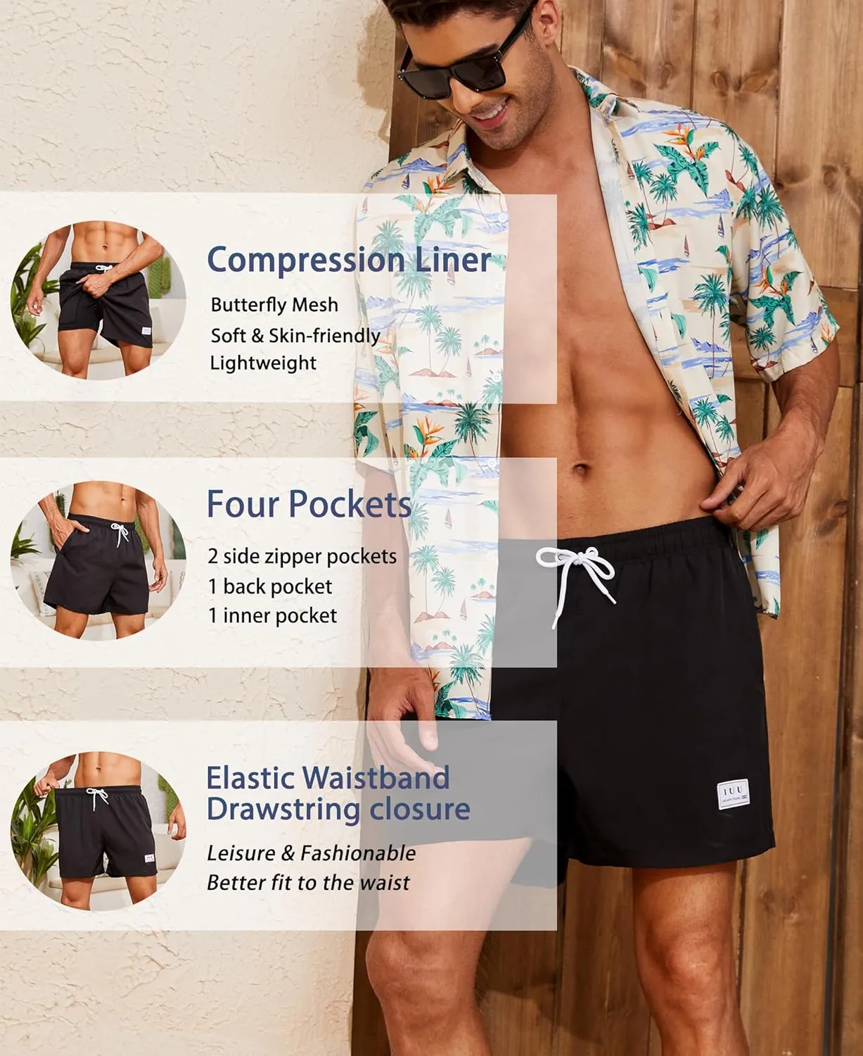 Mens Swim Trunks with Compression Liner Quick Dry Board Shorts 3.5'' Bathing Suits with Zipper Pockets
