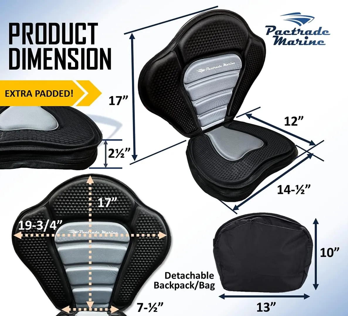 Pactrade Marine Adjustable Straps Black Gray Extra Padded Deluxe Kayak Seat Detachable Storage Backpack Bag Canoe Backrest Support Cushion Sit On Top Fishing Brass Clips Canoeing Kayaking Rafting (1)