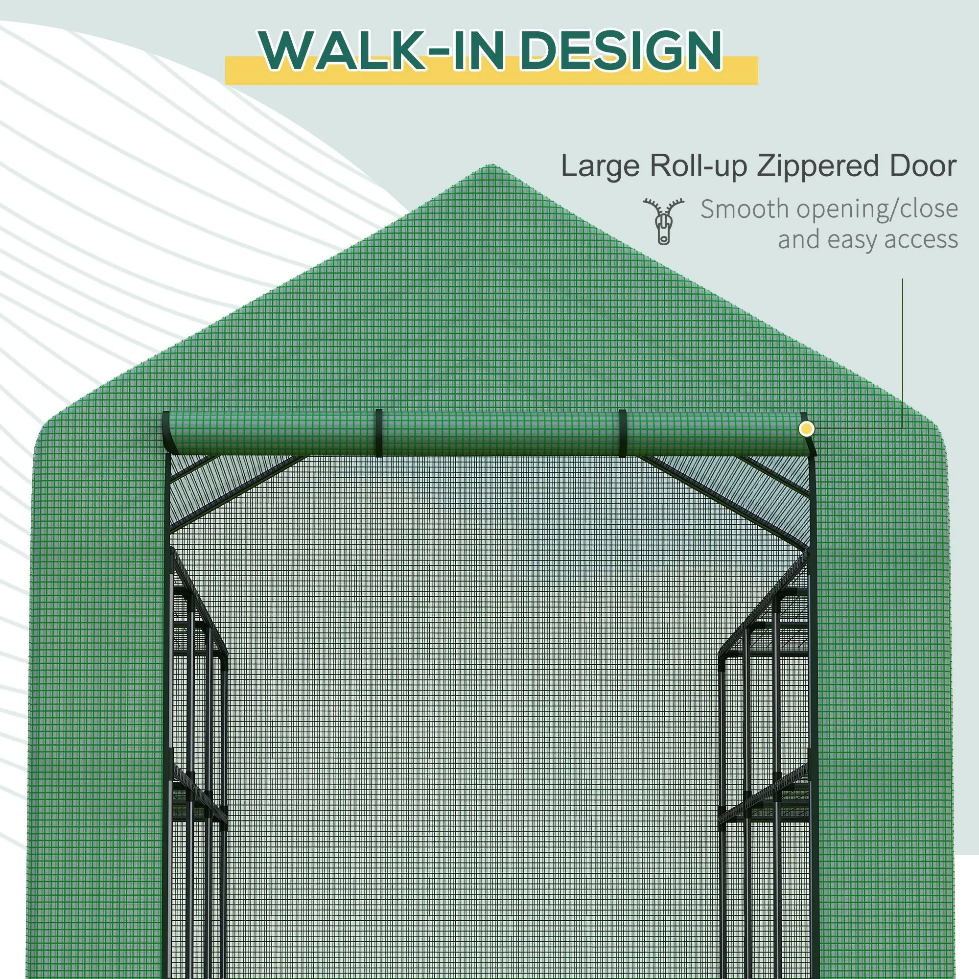 Poly Tunnel Steeple Walk in Garden Greenhouse with Removable Cover Shelves - Green 244 x 180 x 210cm