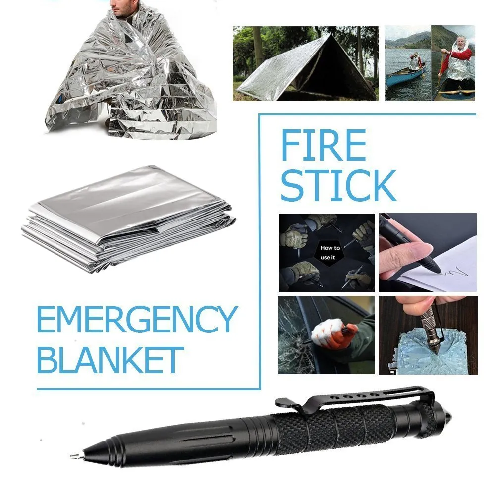 Survival Gear Kits 13 in 1 Outdoor Emergency SOS Survive Tool for Wilderness/Trip/Cars/Hiking/Camping gear - Wire Saw, Emergency Blanket, Flashlight, Tactical Pen, Water Bottle Clip ect,