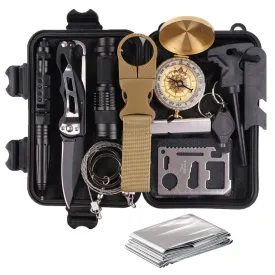 Survival Gear Kits 13 in 1 Outdoor Emergency SOS Survive Tool for Wilderness/Trip/Cars/Hiking/Camping gear - Wire Saw, Emergency Blanket, Flashlight, Tactical Pen, Water Bottle Clip ect,