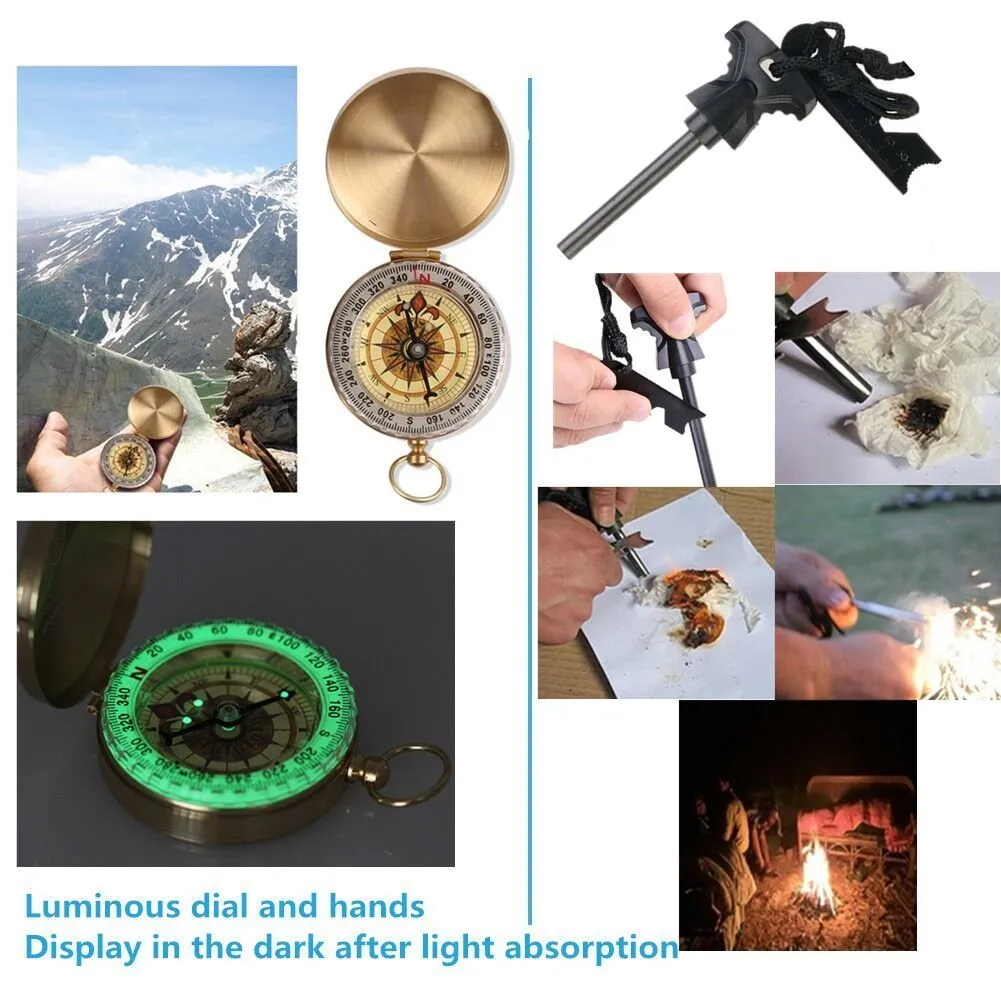 Survival Gear Kits 13 in 1 Outdoor Emergency SOS Survive Tool for Wilderness/Trip/Cars/Hiking/Camping gear - Wire Saw, Emergency Blanket, Flashlight, Tactical Pen, Water Bottle Clip ect,