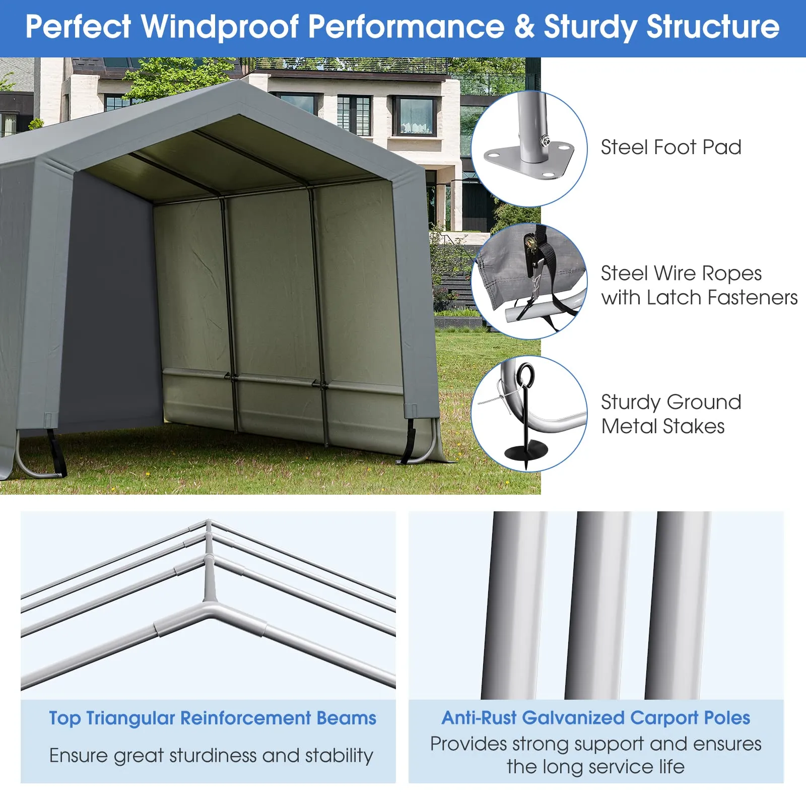 Tangkula 10x16Ft Heavy-Duty Carport, Outdoor Portable Garage with Reinforced Triangular Beams, Galvanized Steel Frame