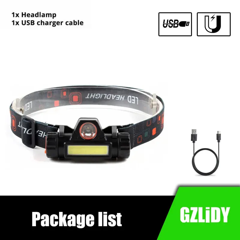 Waterproof LED Headlamp COB Work Light 2 Light Modes with Magnet USB Headlight Built-in Battery Suit for Fishing, Camping, Etc.