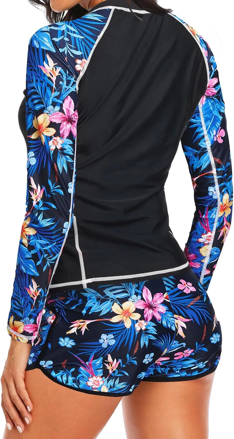 Women's Long Sleeves Rash Guard - 2 Piece Swimsuits with Built in Bra Swim Shirt and Shorts with Pockets