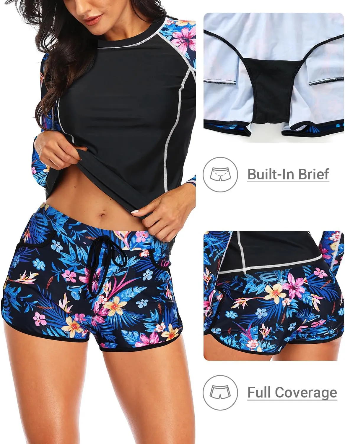 Women's Long Sleeves Rash Guard - 2 Piece Swimsuits with Built in Bra Swim Shirt and Shorts with Pockets