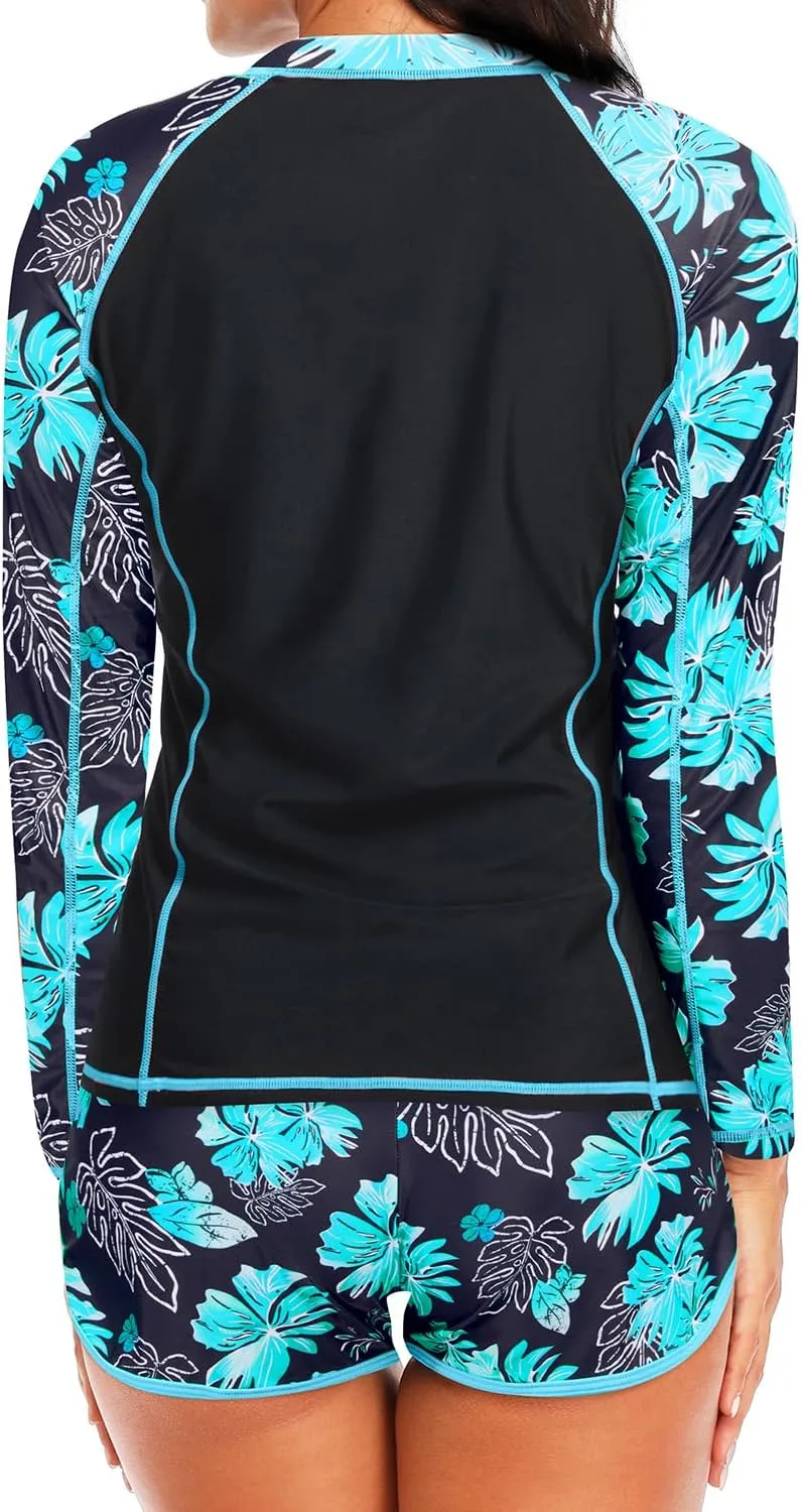 Women's Long Sleeves Rash Guard - 2 Piece Swimsuits with Built in Bra Swim Shirt and Shorts with Pockets